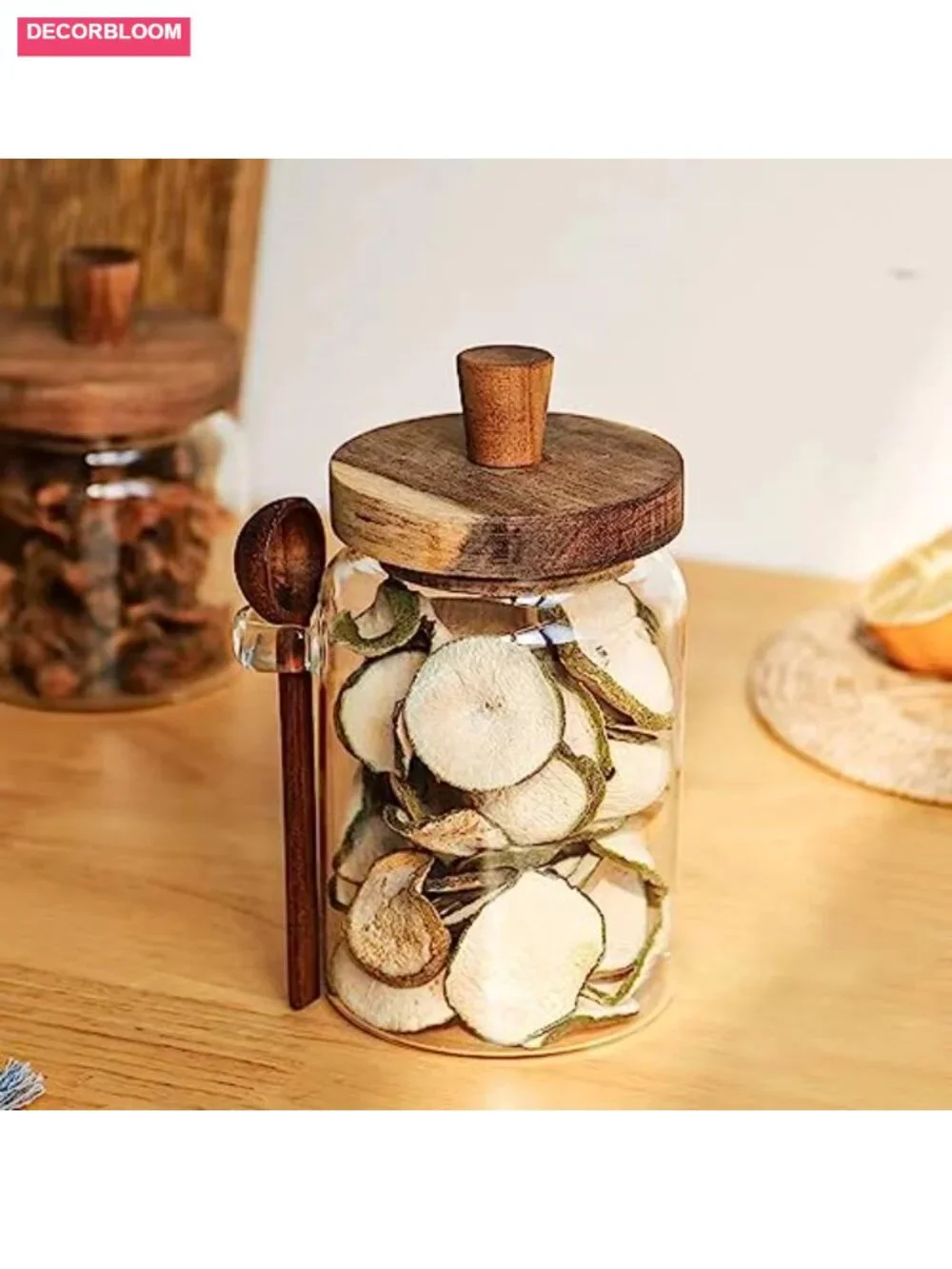 Glass Jars with Wooden Lids and Spoons, Set of 3, 17/22/27 OZ